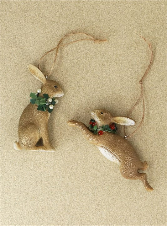Hanging Decorations - Hares with Red and White Holly & Ivy Wreaths