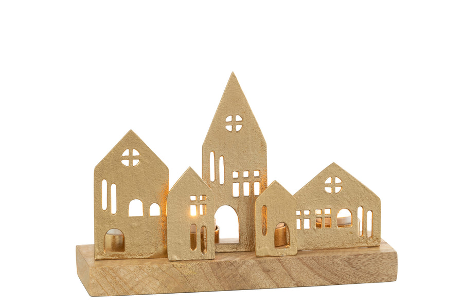 Tealight Holder House Aluminium/Wood Gold/Natural