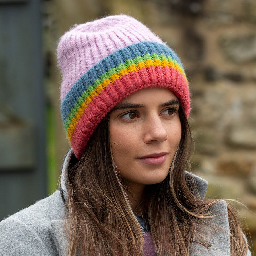 Mauve and rainbow stripe beanie hat