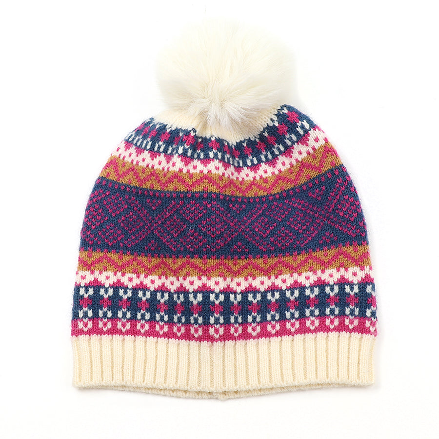 Cream and magenta mix fair isle bobble hat