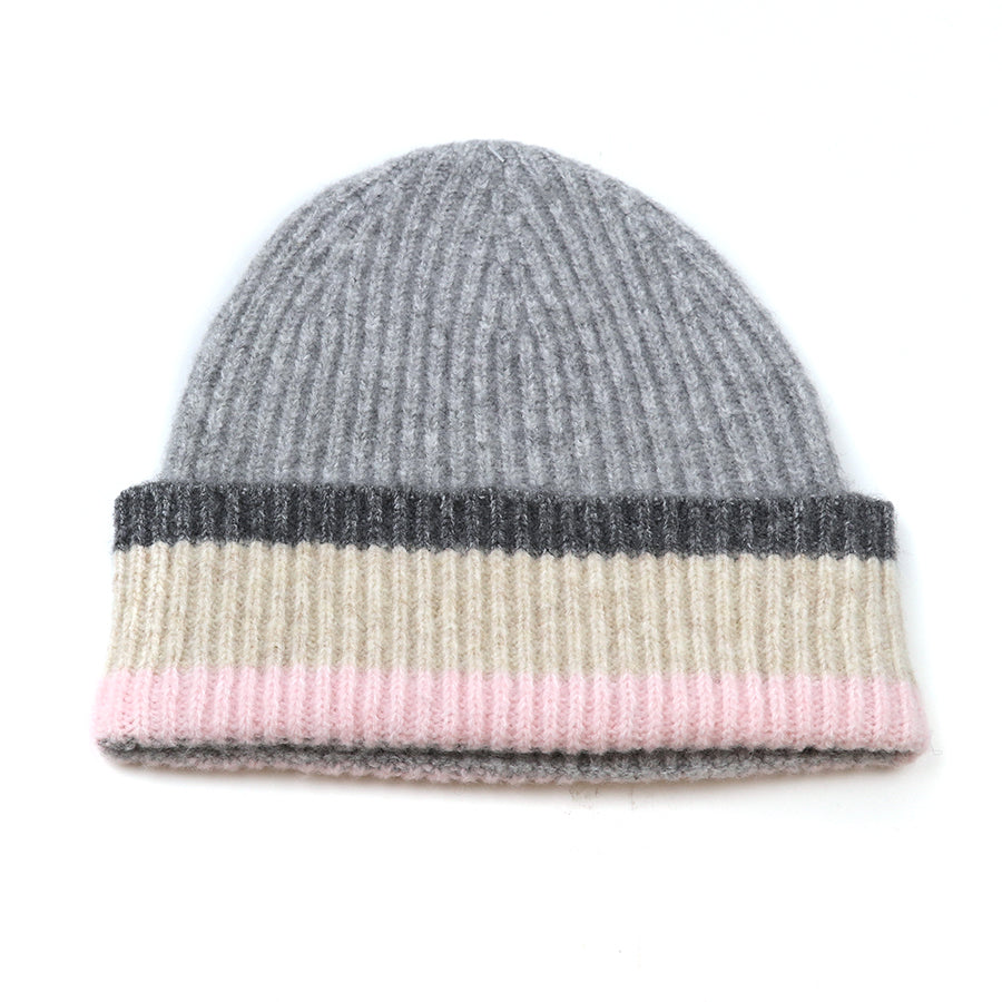 Pale grey and pink mix ribbed beanie hat