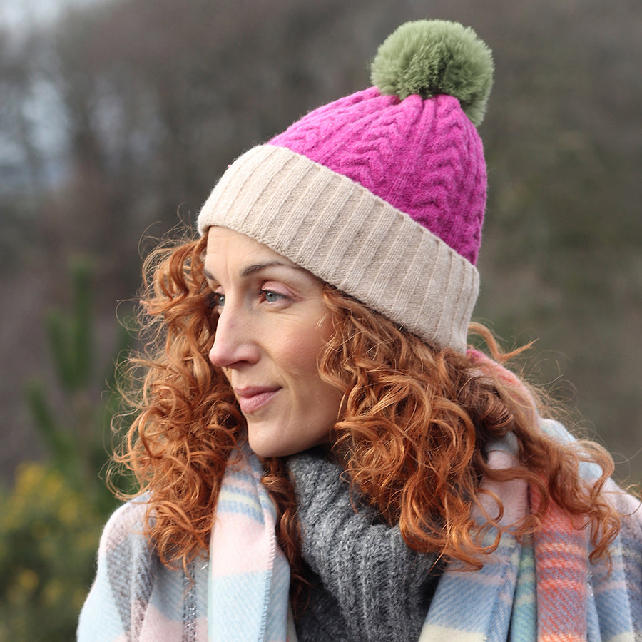Magenta, cream and lime cable knit bobble hat