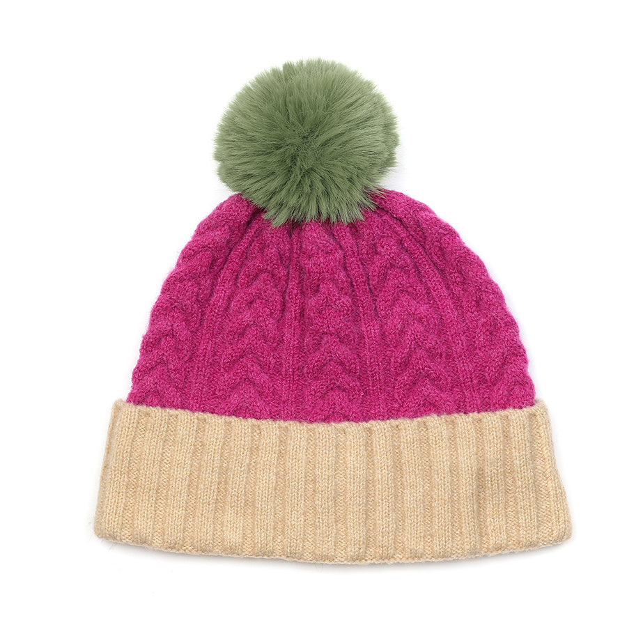 Magenta, cream and lime cable knit bobble hat