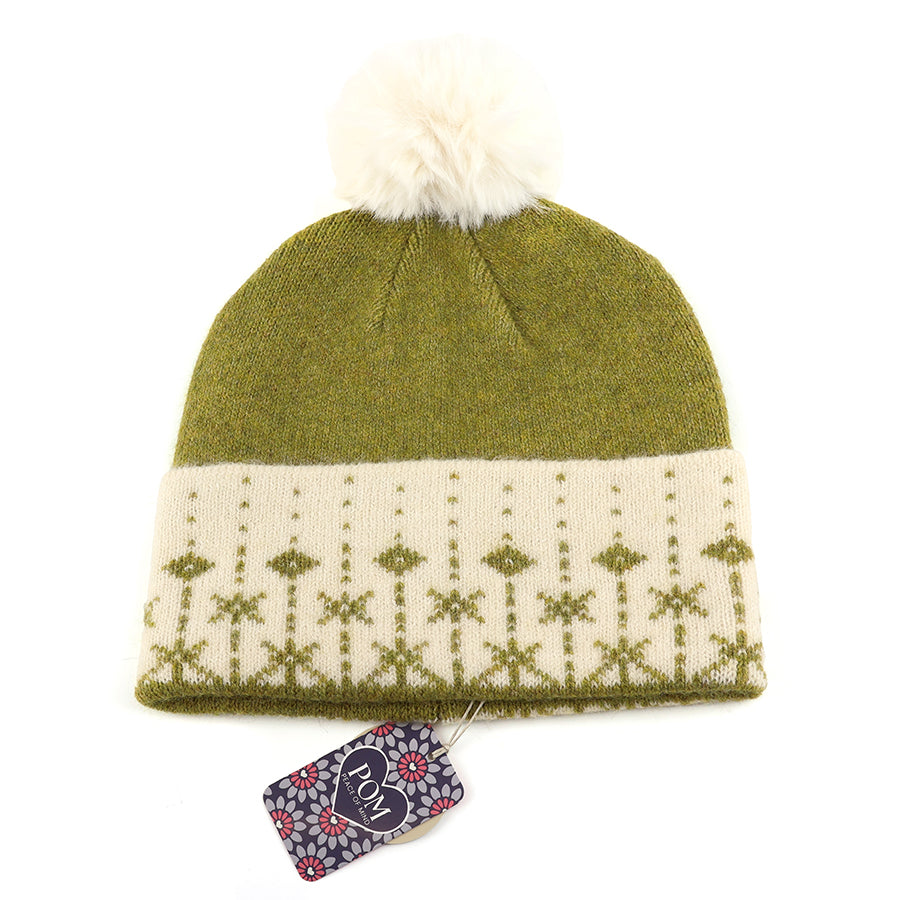 Freya Olive and cream Scandi snowflake knit bobble hat