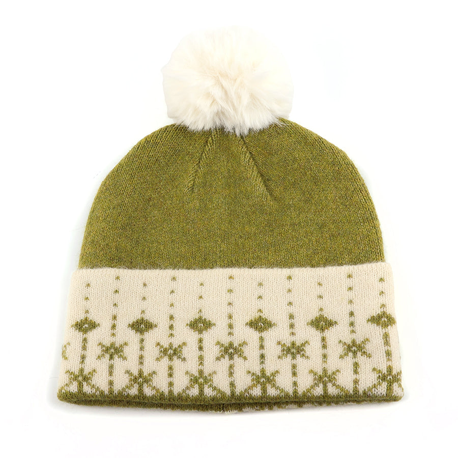Freya Olive and cream Scandi snowflake knit bobble hat