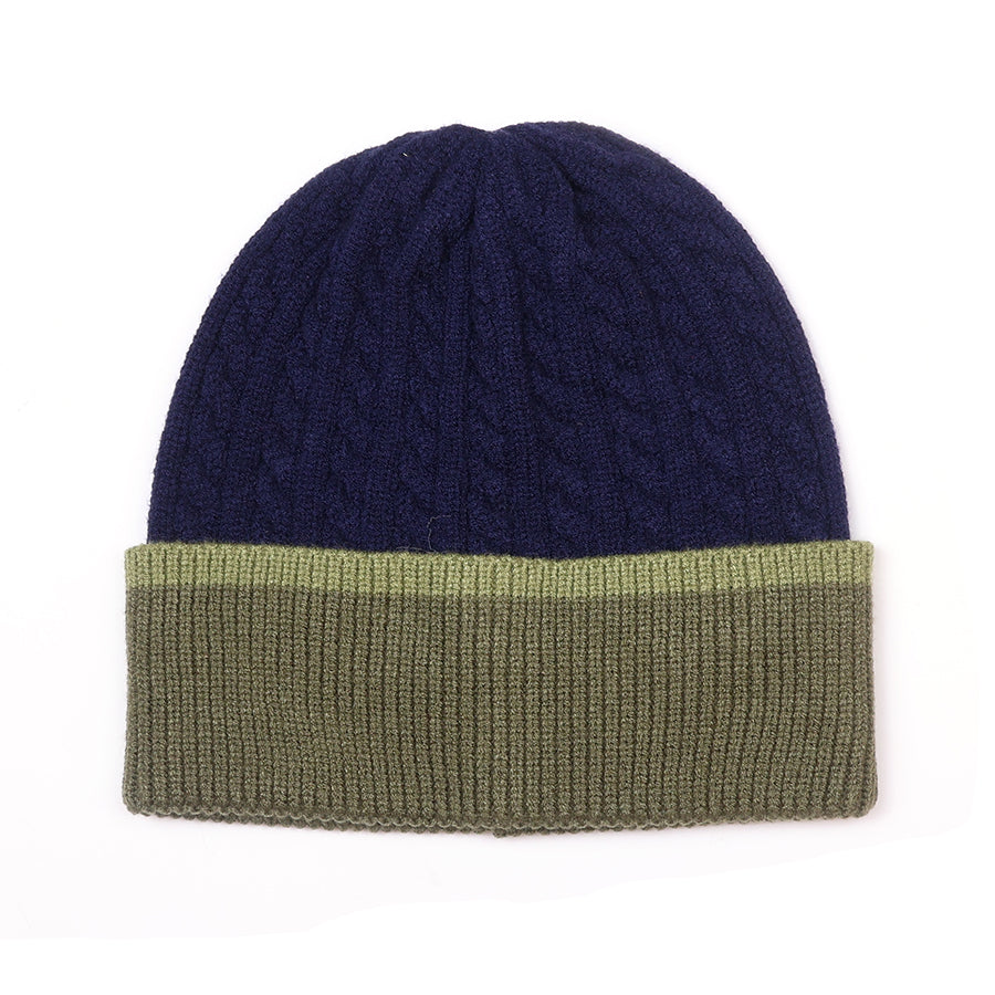 Matty Navy cable men's recycled blend beanie with khaki turn-up