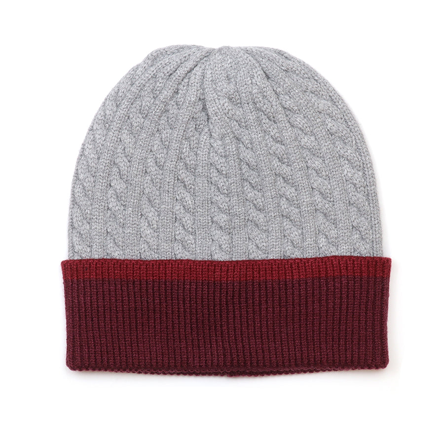 Matty Grey cable men's recycled blend beanie with wine turn-up