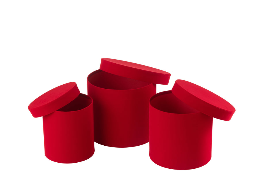 Set Of 3 Box Round Velvet Paper Red