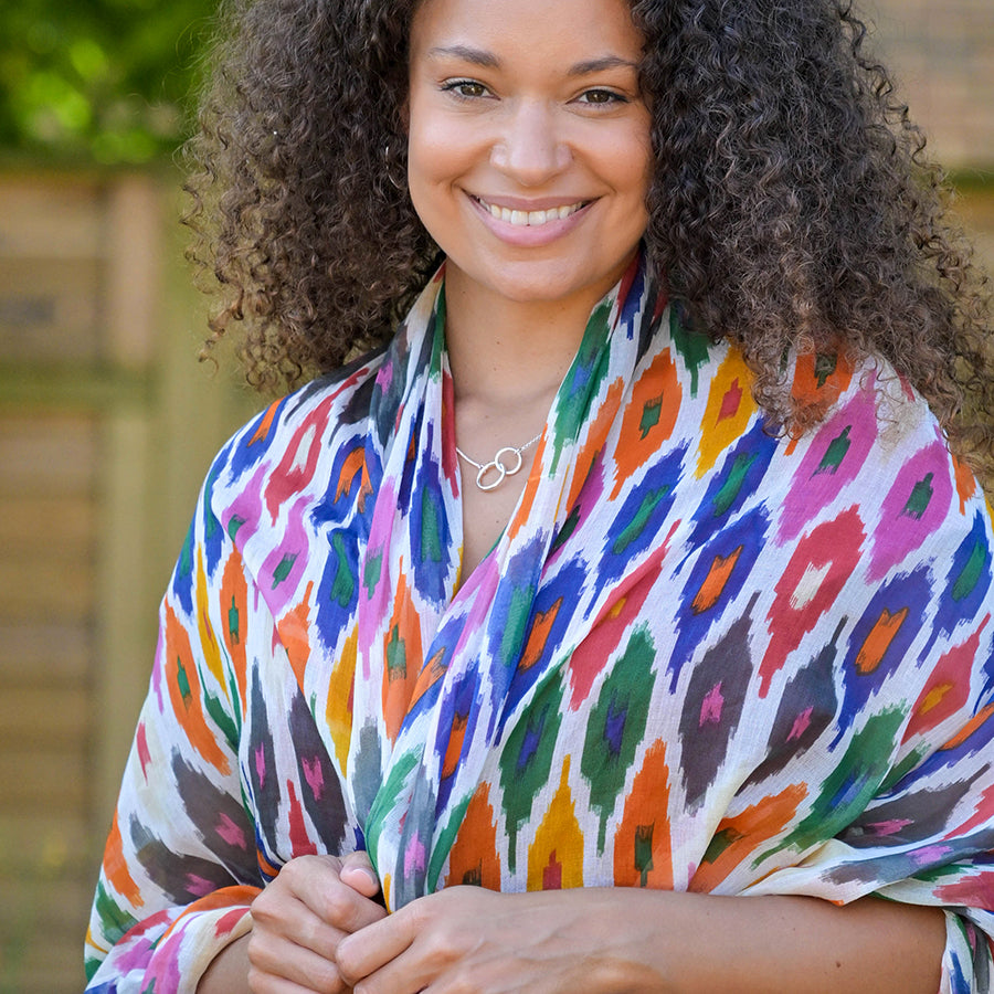 Organic cotton ikat print scarf with tassels