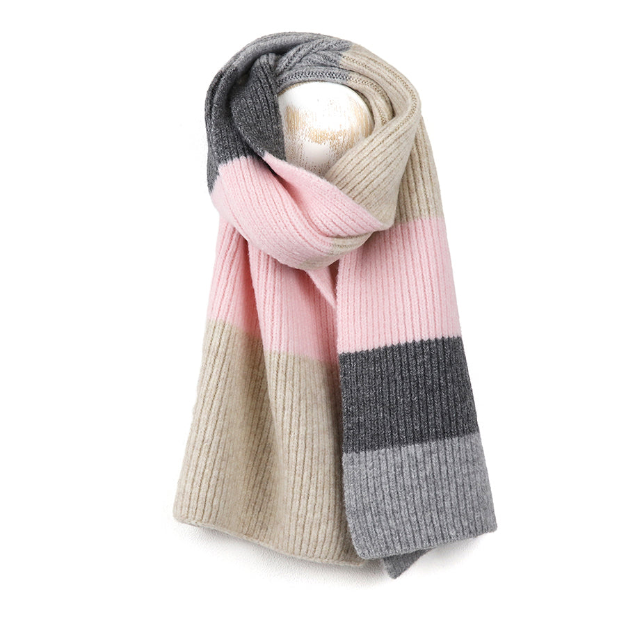 Pink, grey, natural mix recycled blend stripe scarf