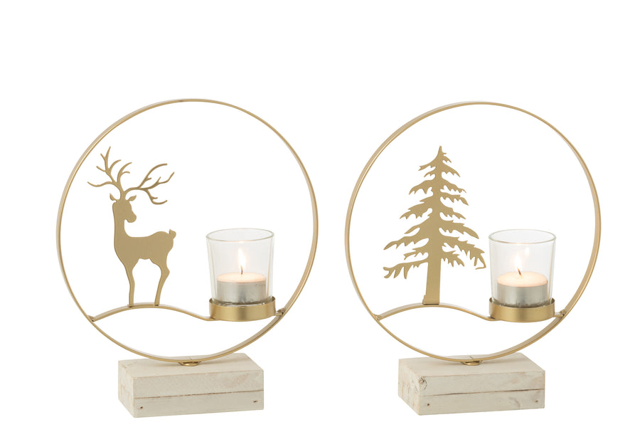 Tealight Holder Round Reindeer Wood Gold