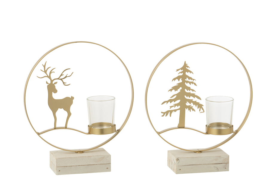 Tealight Holder Round Reindeer Wood Gold