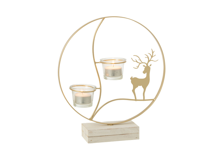 Tealight Holder Reindeer Round Wood Gold