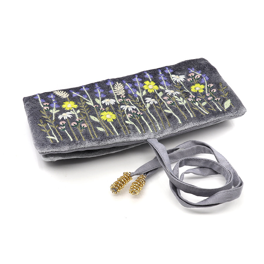 Grey velvet embroidered lavender jewellery roll