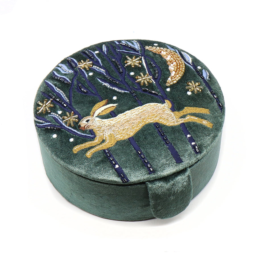 Midnight green leaping hare embroidered velvet round jewellery box