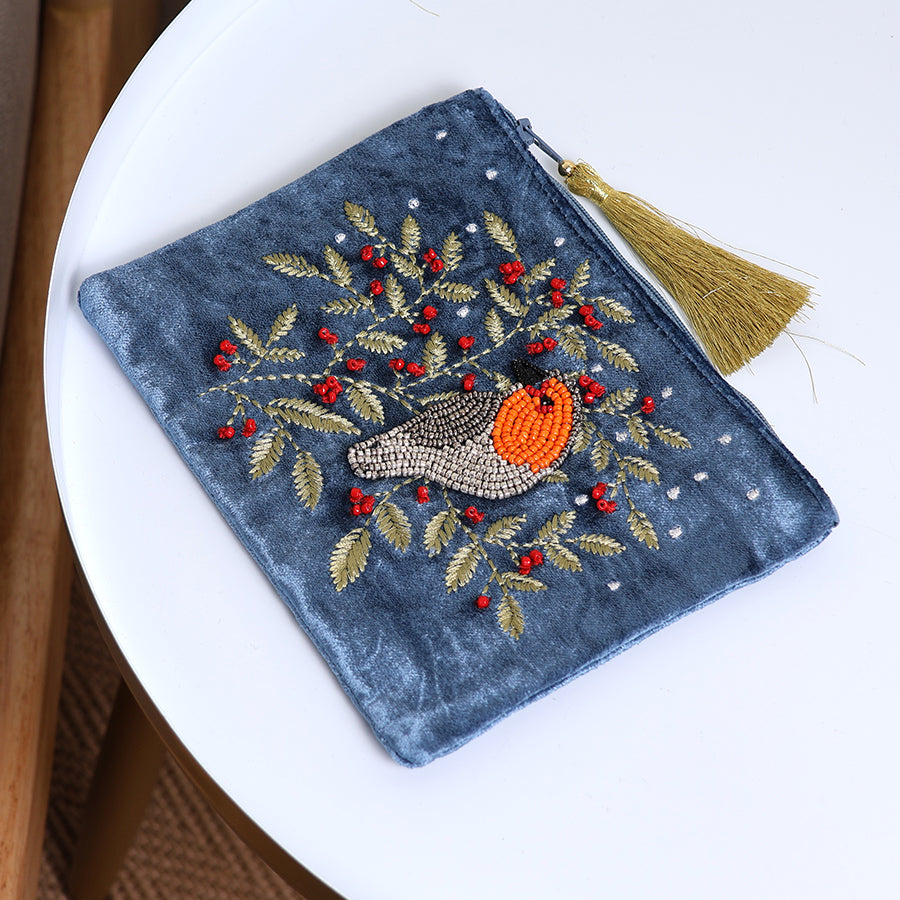 Blue velvet robin and embroidered holly zip purse