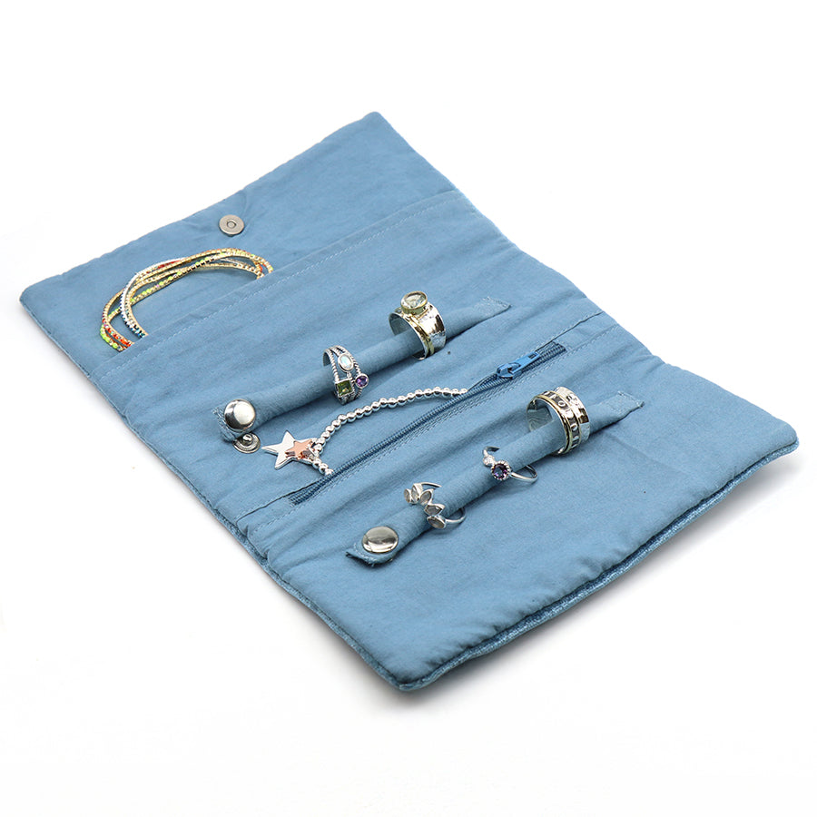 Blue velvet robin and embroidered holly jewellery roll