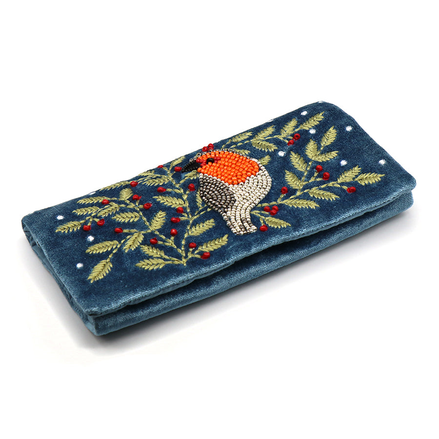 Blue velvet robin and embroidered holly jewellery roll