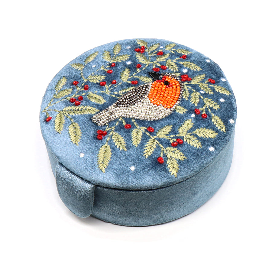 Blue velvet robin and embroidered holly round jewellery box