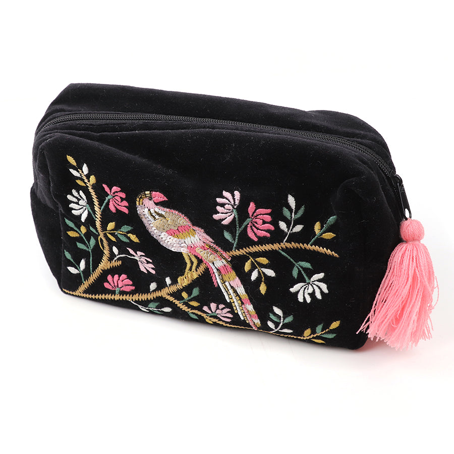 Black velvet and pink mix tropical bird embroidered wash bag