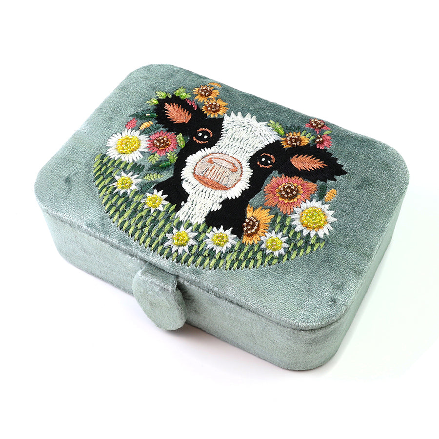 Daisy Grey/green velvet embroidered meadow and cow medium jewellery box
