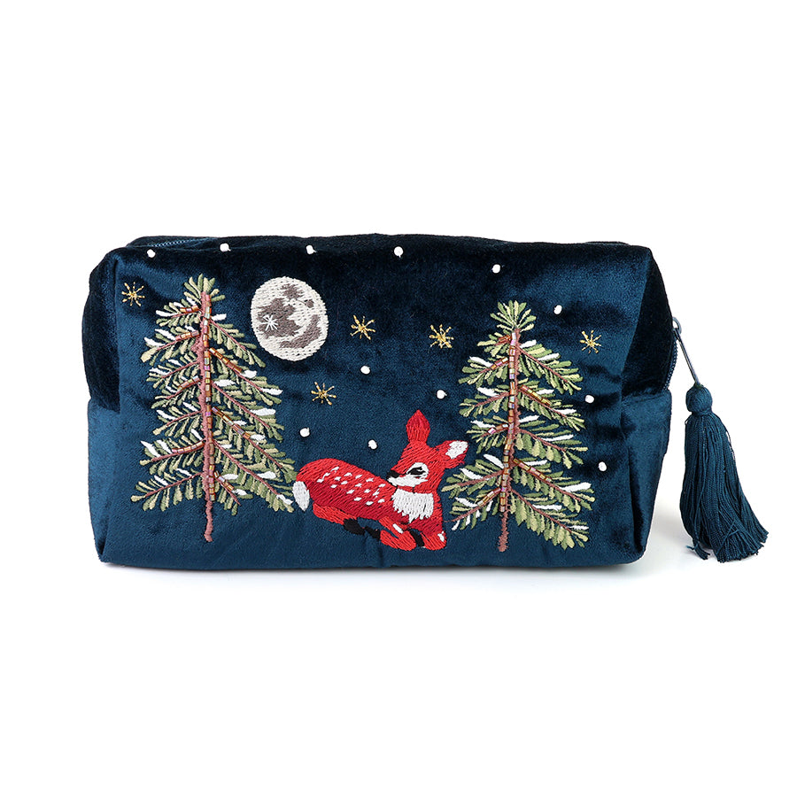 Forest Fawn Navy blue velvet embroidered winter woodland fawn wash bag