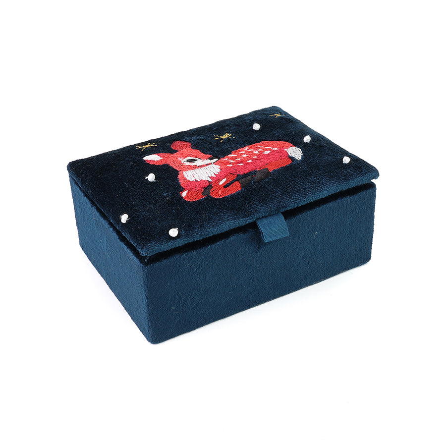 Forest Fawn Navy blue velvet embroidered winter fawn small jewellery box