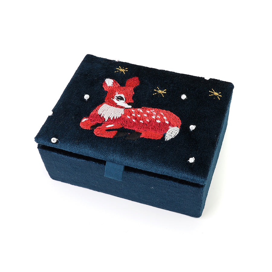 Forest Fawn Navy blue velvet embroidered winter fawn small jewellery box