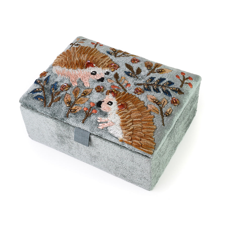 Hedgehogs Blue-grey velvet embellished autumn hedgehog small jewellery box