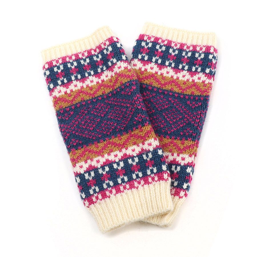 Cream, blue and red mix fair isle wrist warmers