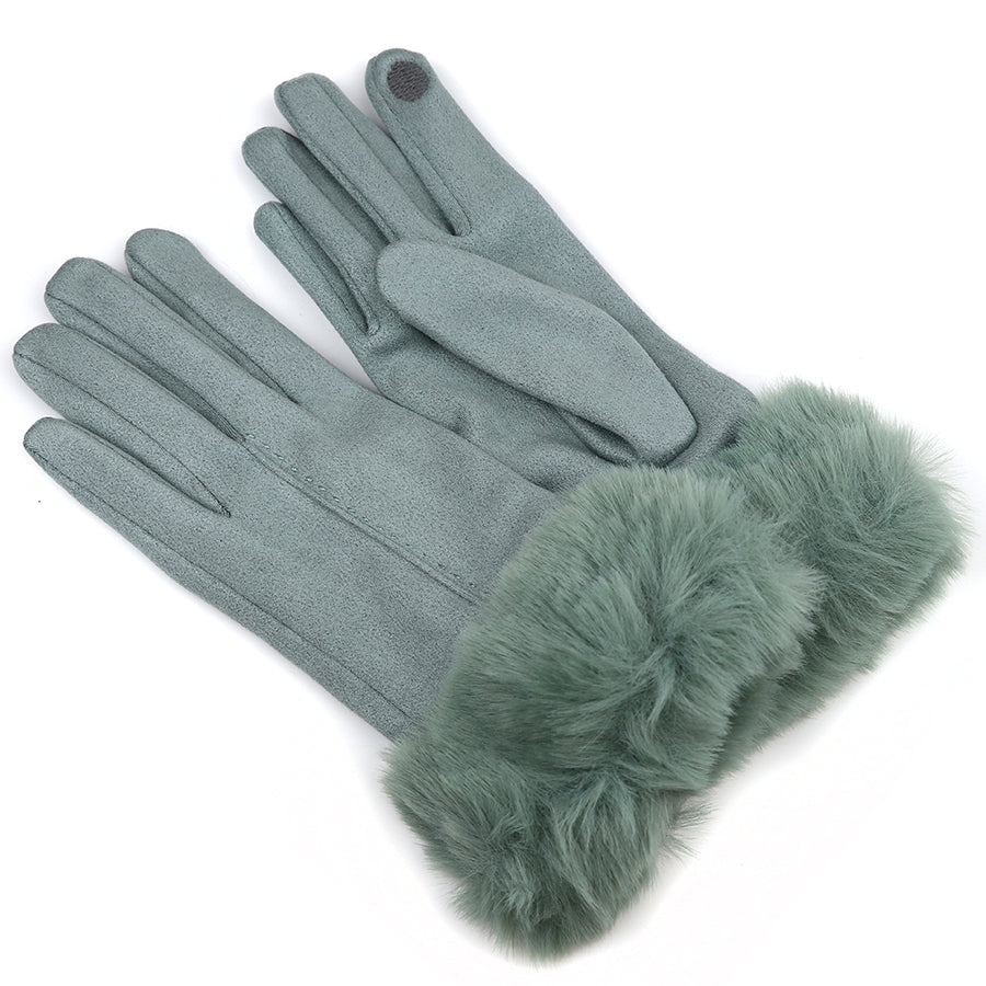 Seafoam faux suede and faux fur cuff gloves