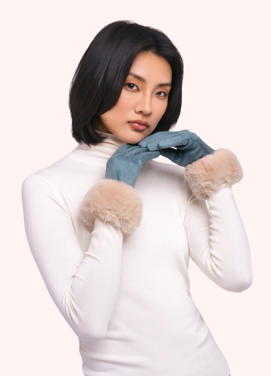 Bettina Faux Suede/Fur Gloves, Denim