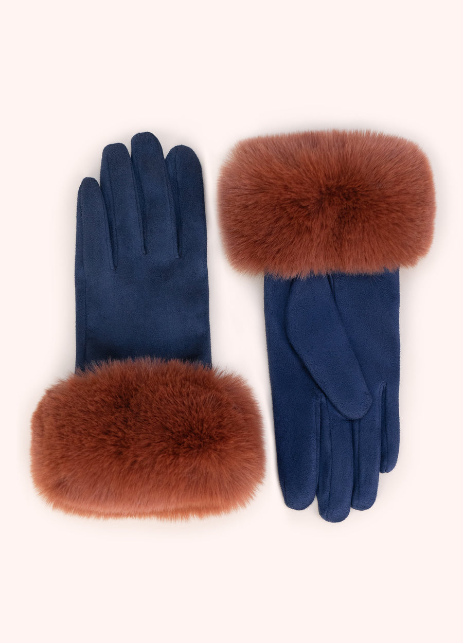 Bettina Faux Suede/Fur Gloves, Navy