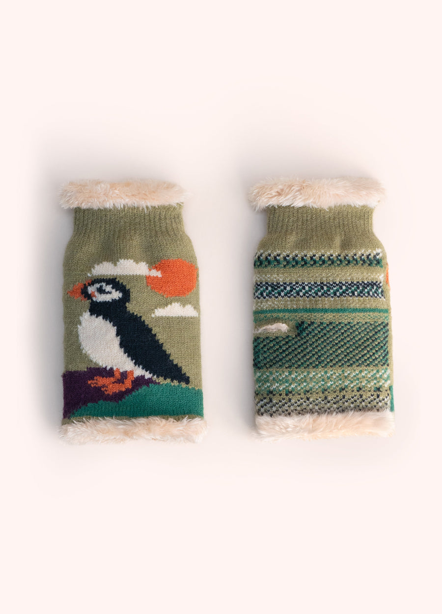Puffin Wrist Warmers, Moss