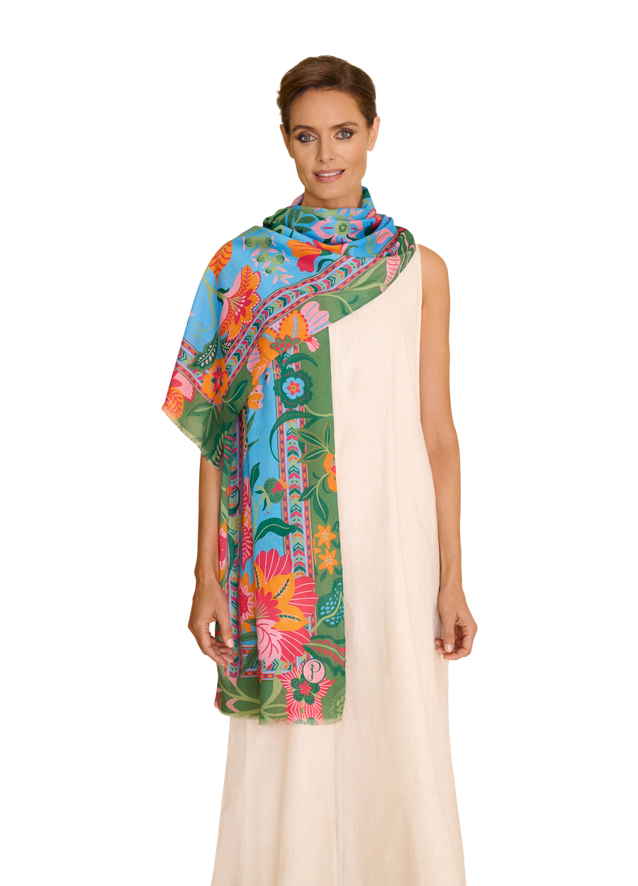 Cotton Scarf - Folky Floral - Cornflower