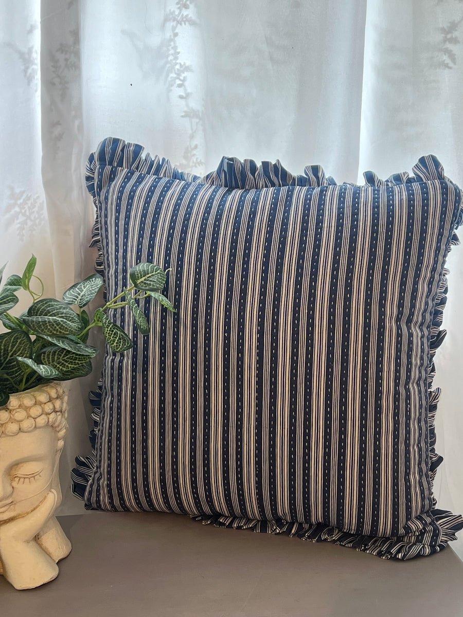 Blue Stripe Kantha Frill Cotton Cushion