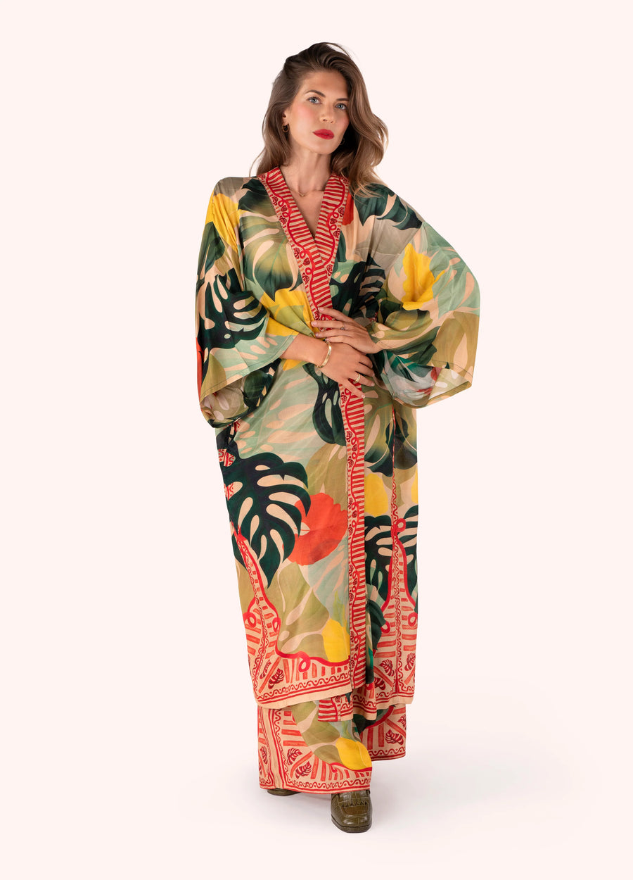 Exotic Leaves Modal/Cupro Long Kimono Gown
