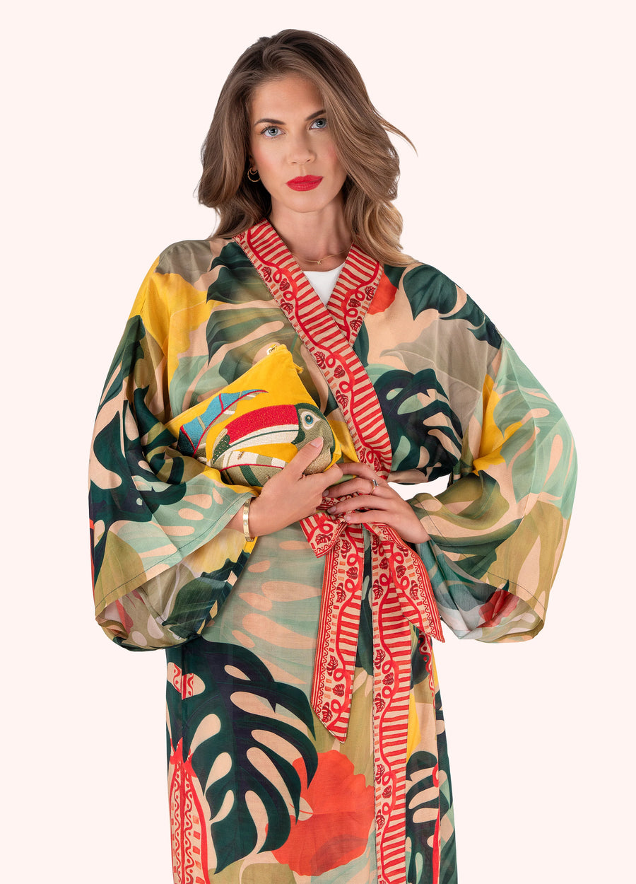 Exotic Leaves Modal/Cupro Long Kimono Gown