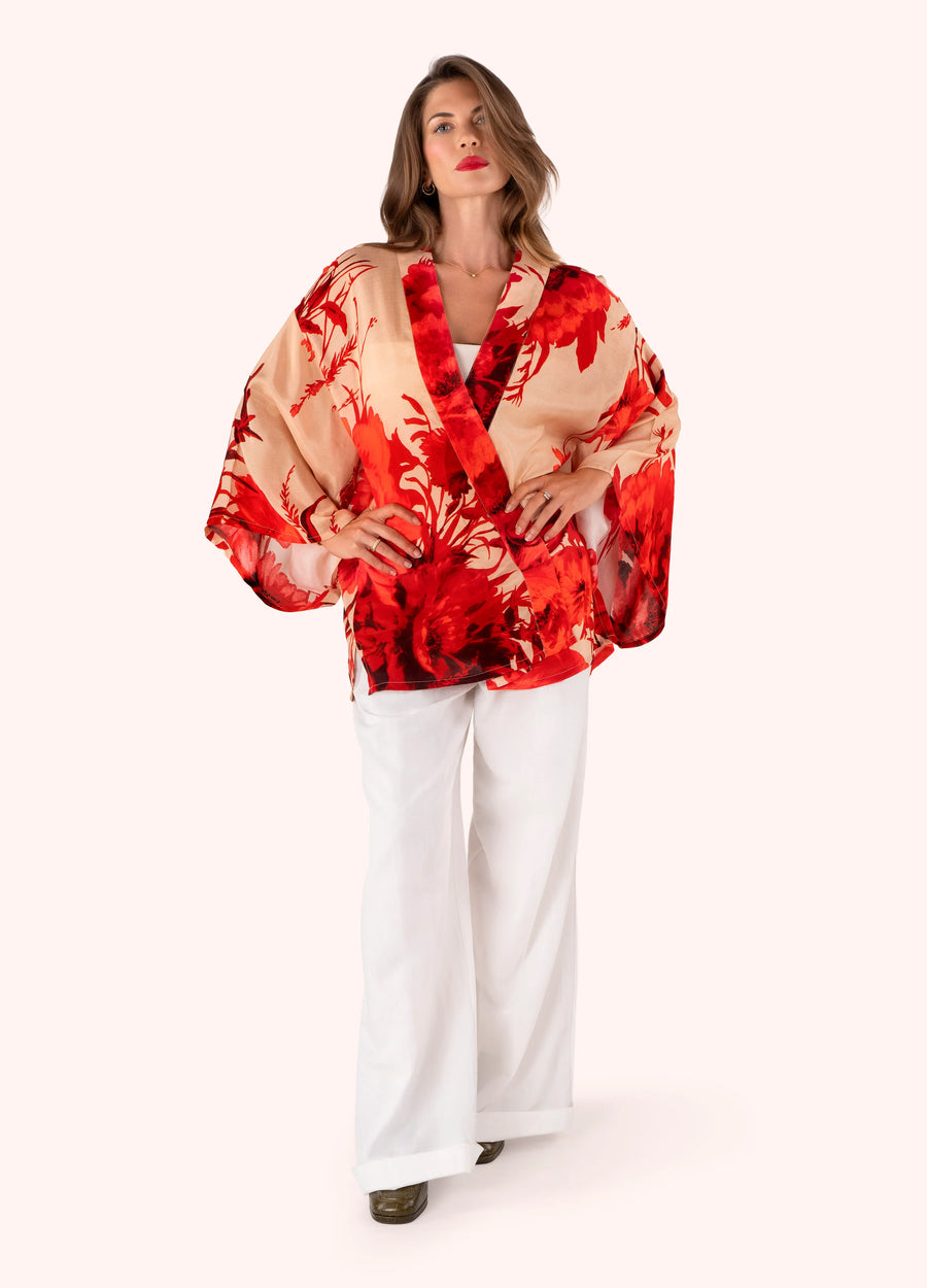 Rouge Blooms Modal/Cupro Short Kimono Jacket