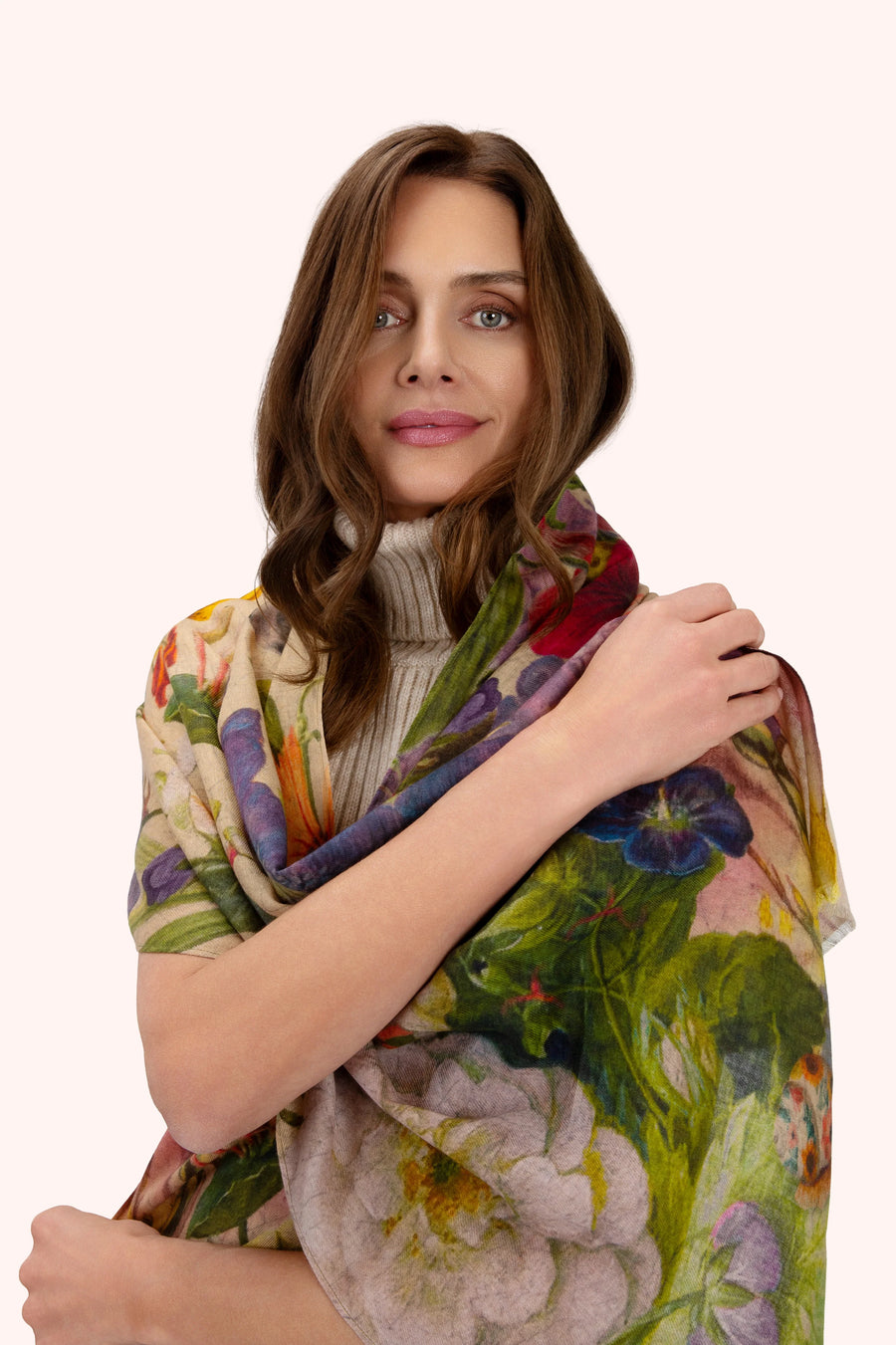 Wool Wrap Scarf - Autumn Posy, Cream