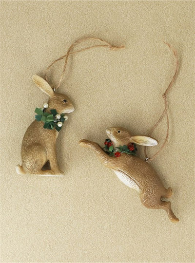 Hanging Decorations - Hares with Red and White Holly & Ivy Wreaths