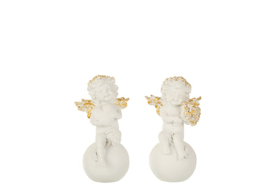 Angel On Ball Poly White/Gold  Assortment Of 2