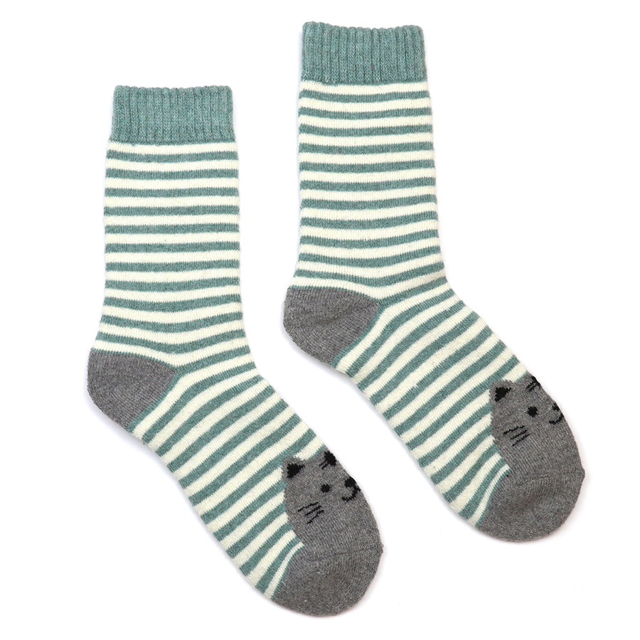 Kitty green stripe cat socks duo
