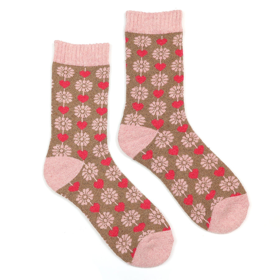 Pink and taupe flower and heart socks