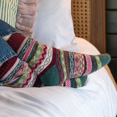 Lacey green, pink mix multi pattern stripe socks