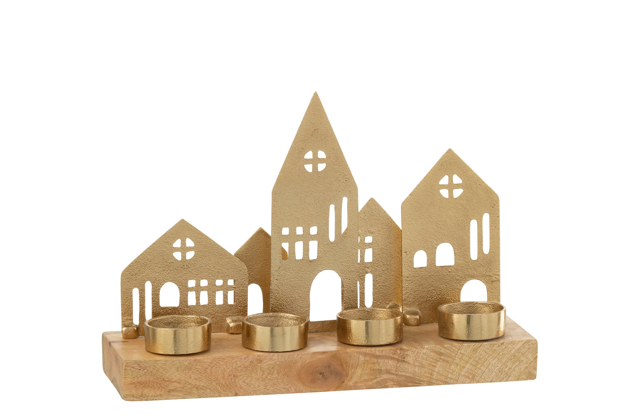 Tealight Holder House Aluminium/Wood Gold/Natural