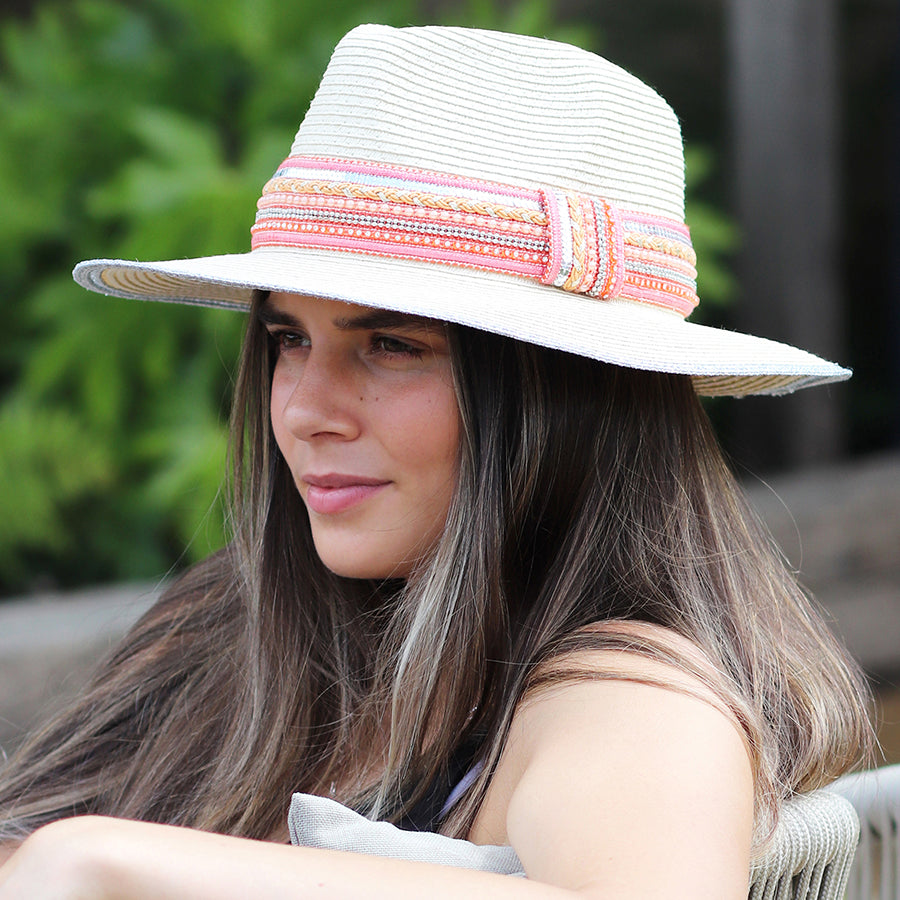 Coral mix woven embellished trim sun hat