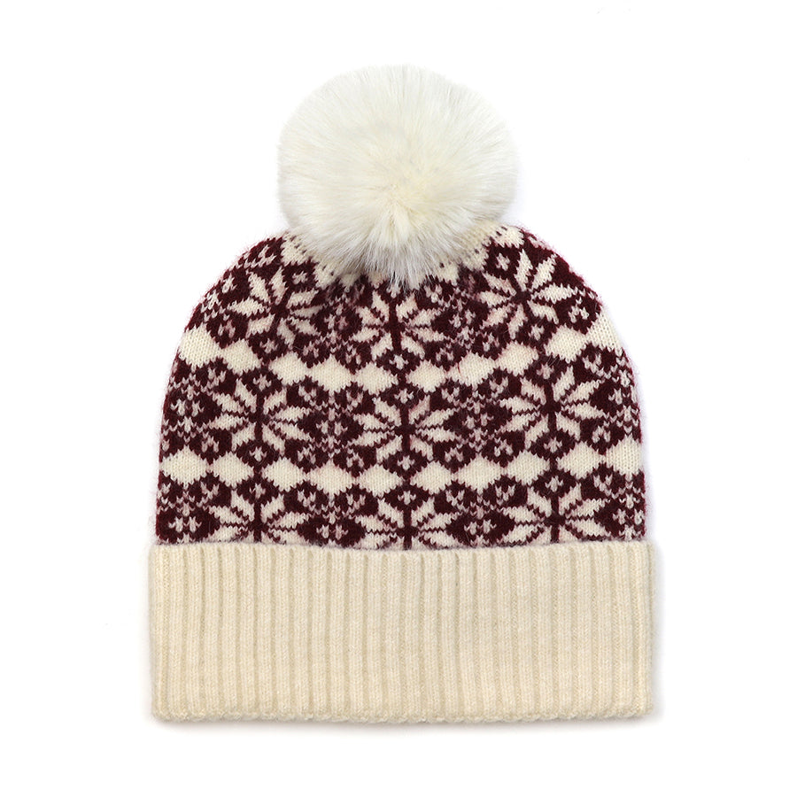 Burgundy and cream mix starflower knit bobble hat