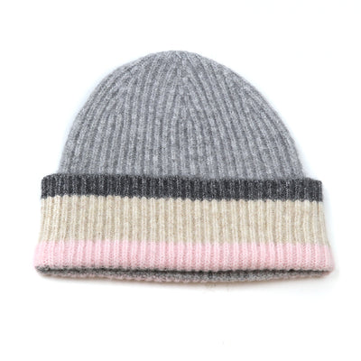 Pale grey and pink mix ribbed beanie hat