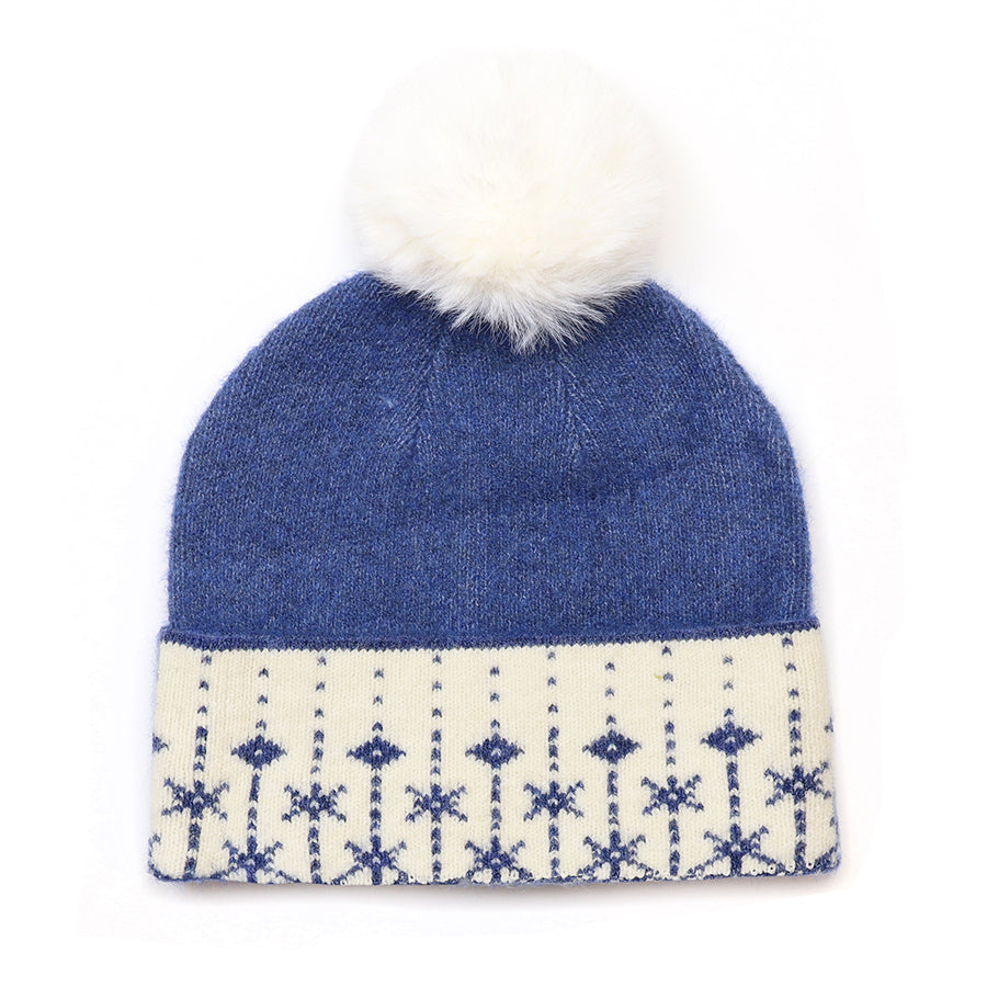 Freya Blue and white Scandi snowflake knit bobble hat